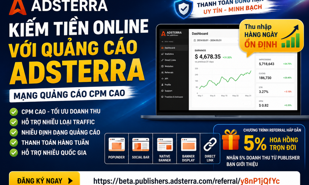 Kiếm Tiền Online Với Adsterra – Mạng Quảng Cáo CPM Cao Cho Website
